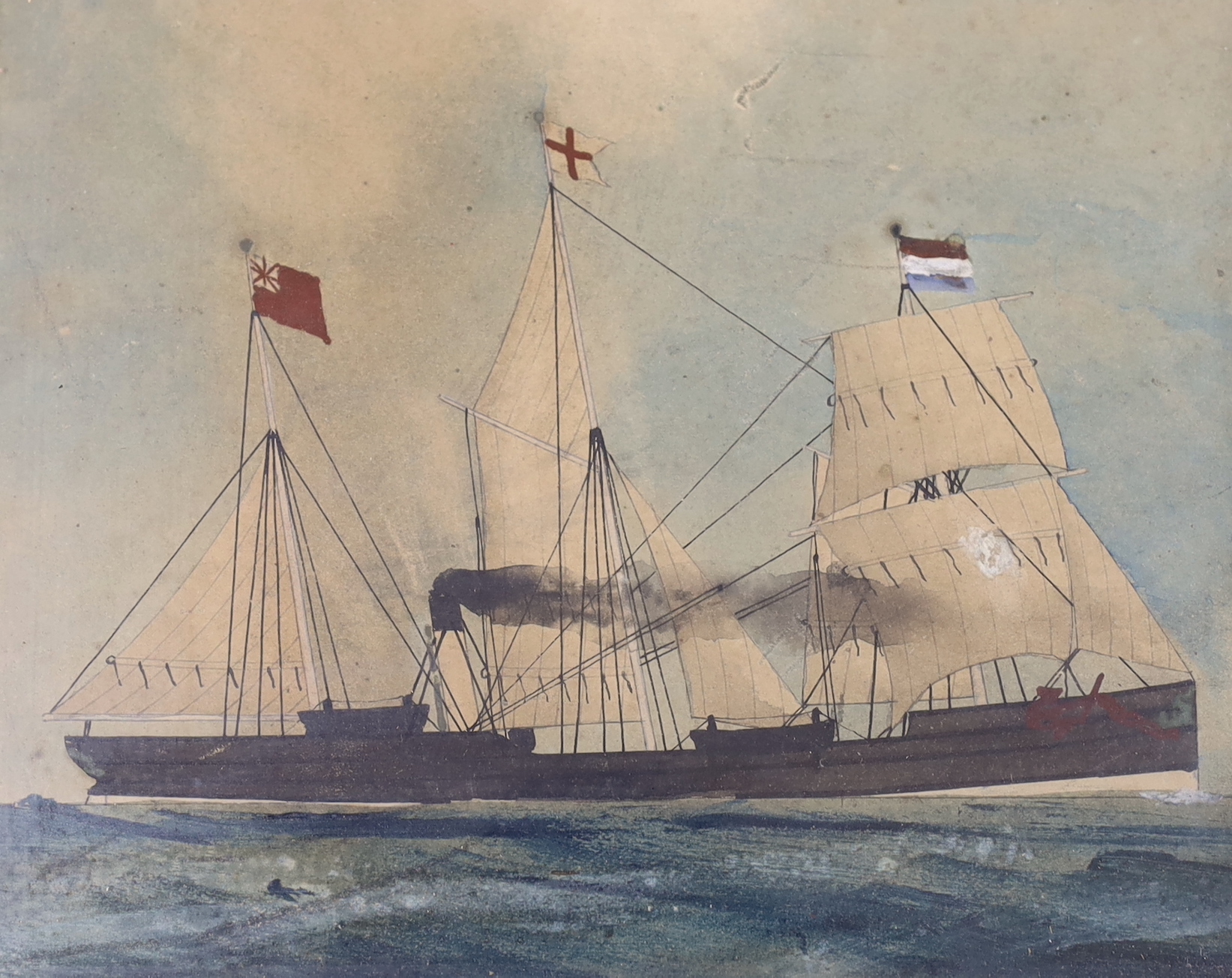 Mid 19th century, Naive English School, watercolour on card, A three masted coastal trader, 13 x 16.5cm gilt framed